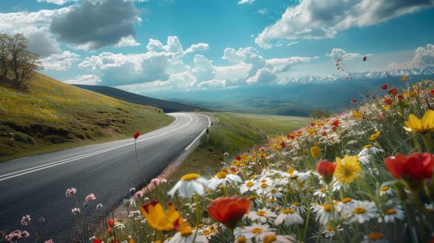 Open space above a winding road bordered by colorful spring flowers photo