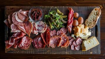 Overhead shot of a charcuterie board with cured meats and artisanal cheeses photo