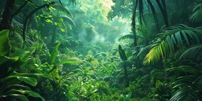 Rainforest with a thick canopy of green foliage. photo