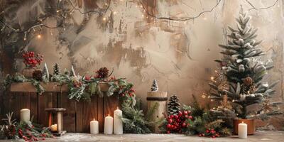 Festive Christmas Scene with Decorated Pine Tree, Candles photo