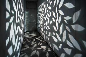Intricate Leaf Pattern Shadows Cast on Hallway Walls Creating a Mesmerizing Play of Light and Shadow photo