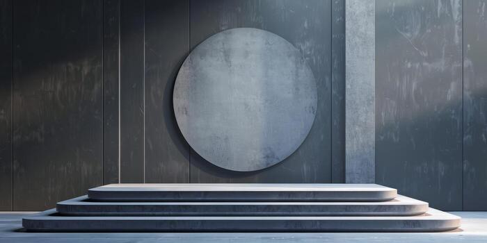 Modern Minimalist Concrete Stage with Circular Backdrop in Industrial Setting photo