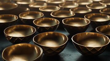 Elegant Array of Golden Bowls with Geometric Patterns on Dark Background in Soft Lighting photo