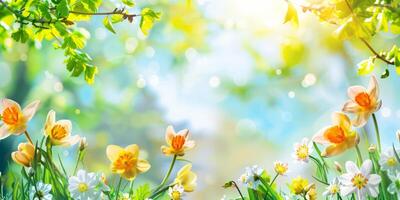 A beautiful field of flowers with a bright blue sky in the background photo