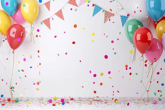 A colorful party scene with balloons and confetti photo