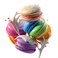 Dynamic Milk Cascade with Colorful Macarons png