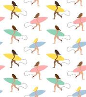 Seamless pattern of woman running with surf vector