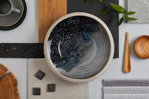 Perfect architect moodboard. Flat lay composition in light grey, black and brown color palette with textile and paint samples, wooden panels and tiles. Top view. Copy space. Template. photo