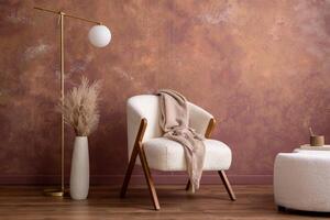 Minimalist composition of elegant and outstanding space with boucle armchair, modern pouf, design coffee table, lamp, vase with dried flowers and elegant accessories. Home decor. Template. photo