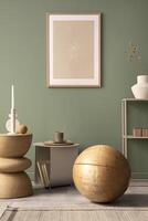 Stylish living room interior design with mock up poster frames, wooden ball , coffe table, beige carpet and creative home accessories. Sage green wall. Template. photo