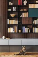 Modern bookcase in lamells wall. Grey chest of drawers. Bookcase a lot of books and accessories. Herringbone wooden parquet. Cat in open spaces. photo