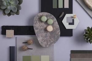 Creative architect and interior designer moodboard. Flat lay composition in grey and green color palette with textile and paint samples, panels and tiles. Top view. Copy space. Template. photo