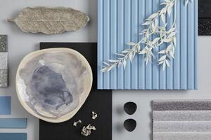 Flat lay composition of stylish architect moodboard with samples of textile, paint, blue wooden lamella panels and tiles. White, black, blue and light grey color palette. Copy space. Template. photo