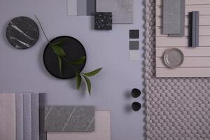 Elegant flat lay composition in grey and black color palette with textile and paint samples, lamella panels and tiles. Architect and interior designer moodboard. Top view. Copy space. photo