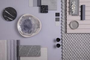Elegant flat lay composition in grey color palette with textile and paint samples, lamella panels and tiles. Architect and interior designer moodboard. Top view. Copy space. photo
