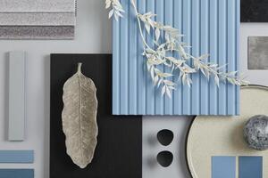 Flat lay composition of stylish architect moodboard with samples of textile, paint, blue wooden lamella panels and tiles. White, black, blue and light grey color palette. Copy space. Template. photo