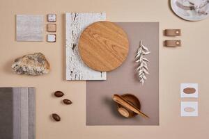 Creative flat lay composition with textile and paint samples, panels and cement tiles. Stylish interior designer moodboard. Light beige color palette. Copy space. Template. photo