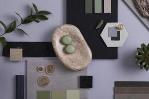 Creative architect and interior designer moodboard. Flat lay composition in grey and green color palette with textile and paint samples, panels and tiles. Top view. Copy space. Template. photo