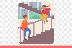 Happy children play on school stairs and ride on railings, enjoying carefree childhood vector