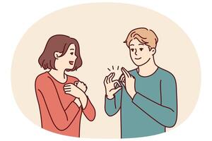 Deaf-mute man and woman are talking using sign language and demonstrating symbols with hands vector