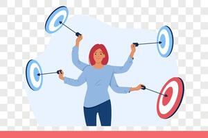 Business woman works in multitasking mode, and uses several hands to hit all targets at same time vector