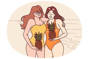 Women in swimsuits stand on beach with pineapples in hands and smile inviting visit tropical island vector