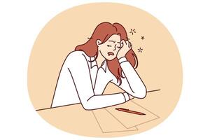 Tired girl student sleeps sitting at table with papers while preparing for exams vector
