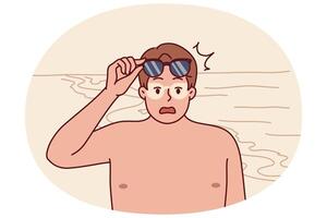 Tanned man takes off sunglasses and screams after getting sunburn relaxing on beach vector