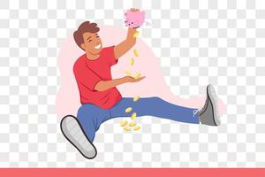 Happy man shakes out money and piggy banks and rejoices at presence of financial savings vector