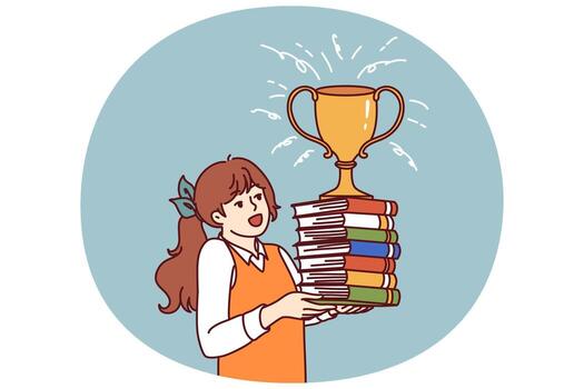 Schoolgirl with books and cup for winning olympiad rejoices at good marks for test vector
