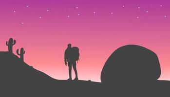 silhouette of a person walking in nature with beautiful sky, nature background concept vector