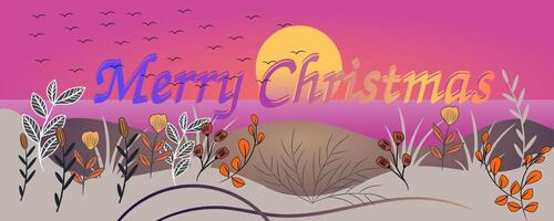 The foreground features a field of stylized plants with various colors and shapes, creating a sense of depth and texture vector