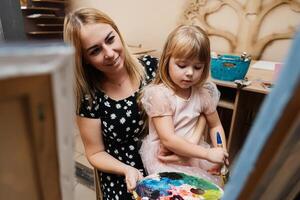 Mother and daughter enjoying a creative painting session indoors photo