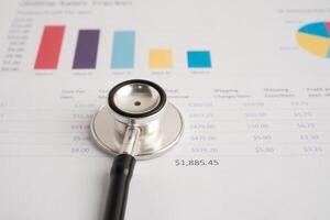 Stethoscope on spreadsheet and graph paper, Finance, Account, Statistics, Investment, Analytic research data economy and Business company. photo
