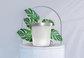 Ice cream buckets on minimal podium with plant decoration. Realistic blank mockup of food container empty for branding presentation ice cream, food, drink, mayonnaise or yogurt bucket photo