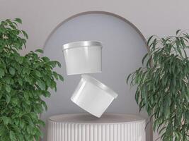 Ice cream buckets on minimal podium with plant decoration. Realistic blank mockup of food container empty for branding presentation ice cream, food, drink, mayonnaise or yogurt bucket photo