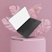 Realistic laptop mockup template with blank screen digital device on luxury podium and minimal background for presentation branding, corporate identity, ads, global business, website design, app photo
