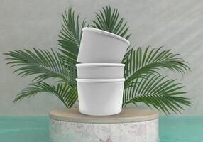 Ice cream buckets on minimal podium with plant decoration. Realistic blank mockup of food container empty for branding presentation ice cream, food, drink, mayonnaise or yogurt bucket photo