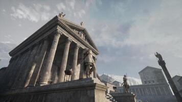 Ruins of an ancient temple with majestic columns and statues in the foreground video