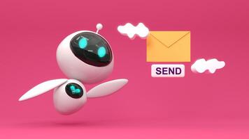Friendly cute cartoon robot - 3d render. Technology concept. Customer support chatbot, online consultant, assistant, kawaii bot. Social media apps, UI and UX web design, application development. photo