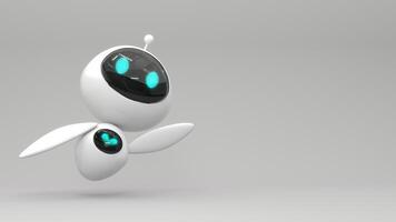 Friendly cute cartoon robot - 3d render. Technology concept. Customer support chatbot, online consultant, assistant. Kawaii bot with smiling face on the screen. Robotic toy. photo
