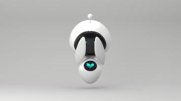 Friendly cute cartoon robot - 3d render. Technology concept. Customer support chatbot, online consultant, assistant. Kawaii bot with smiling face on the screen. Robotic toy. photo