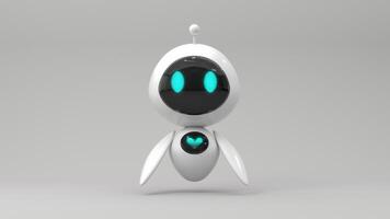 Friendly cute cartoon robot - 3d render. Technology concept. Customer support chatbot, online consultant, assistant. Kawaii bot with smiling face on the screen. Robotic toy. photo