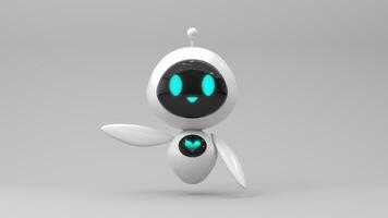 Friendly cute cartoon robot - 3d render. Technology concept. Customer support chatbot, online consultant, assistant. Kawaii bot with smiling face on the screen. Robotic toy. photo
