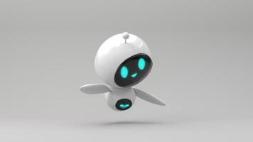 Friendly cute cartoon robot - 3d render. Technology concept. Customer support chatbot, online consultant, assistant. Kawaii bot with smiling face on the screen. Robotic toy. photo