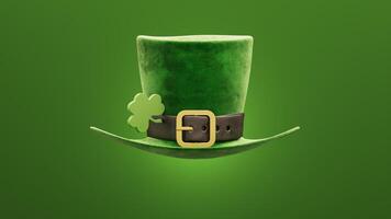 3D render of a classic green St. Patrick's Day hat with gold coins and shamrocks. A vibrant background symbolizing Irish culture and festive fun for advertising. photo