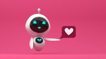 Friendly cute cartoon robot - 3d render. Technology concept. Customer support chatbot, online consultant, assistant, kawaii bot. Social media apps, UI and UX web design, application development. photo