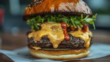 Enjoy a Delicious Burger Topped with Fresh Tomatoes, Onions, and Lettuce photo