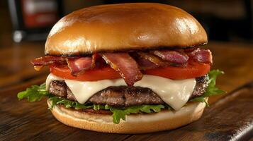 Indulge in a Fresh Burger with Crisp Lettuce, Tomatoes, and Onions photo