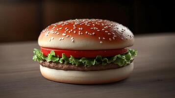 Taste perfection in every bite of a burger with lettuce, onions, and ripe tomatoes photo